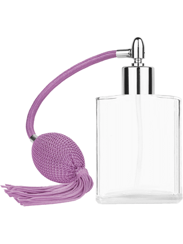 Elegant design 60 ml, 2oz  clear glass bottle  with Lavender vintage style bulb sprayer with tassel with shiny silver collar cap.