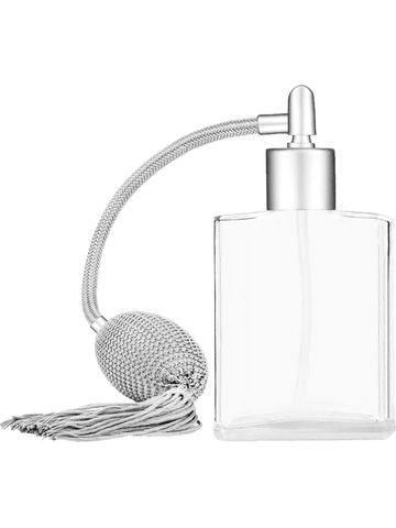 Elegant design 60 ml, 2oz  clear glass bottle  with Silver vintage style bulb sprayer with tassel with matte silver collar cap.