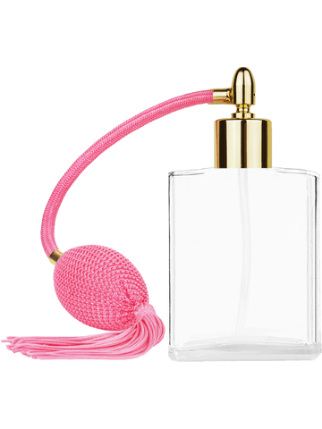 Elegant design 60 ml, 2oz  clear glass bottle  with Pink vintage style bulb sprayer with tassel with shiny gold collar cap.
