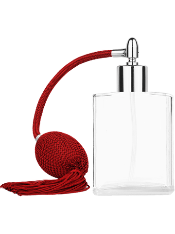 Elegant design 60 ml, 2oz  clear glass bottle  with Red vintage style bulb sprayer with tassel with shiny silver collar cap.