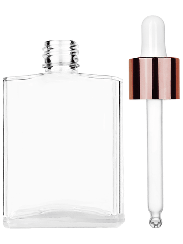 Elegant design 60 ml, 2oz  clear glass bottle  with white dropper with shiny copper collar cap.