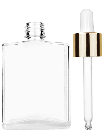 Elegant design 60 ml, 2oz  clear glass bottle  with white dropper with shiny gold collar cap.