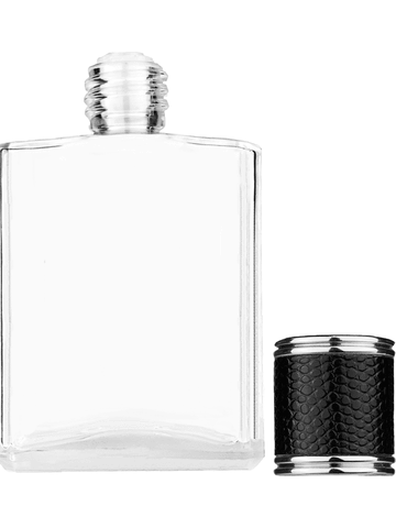Elegant design 60 ml, 2oz  clear glass bottle  with reducer and black faux leather cap.