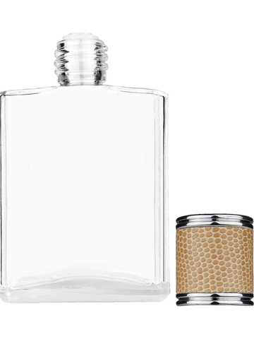 Elegant design 60 ml, 2oz  clear glass bottle  with reducer and light brown faux leather cap.