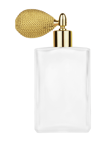 Elegant design 100 ml, 3 1/2oz frosted glass bottle with gold vintage style sprayer with shiny gold collar cap.