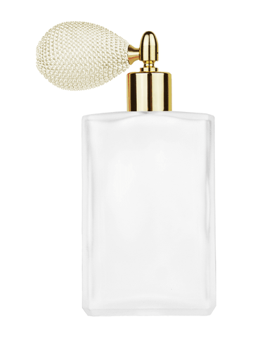 Elegant design 100 ml, 3 1/2oz frosted glass bottle with ivory vintage style bulb sprayer with shiny gold collar cap.