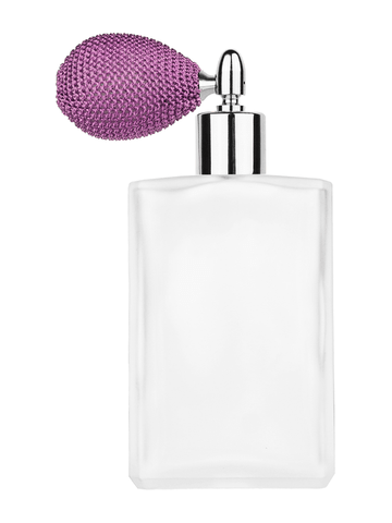 Elegant design 100 ml, 3 1/2oz frosted glass bottle with lavender vintage style bulb sprayer with shiny silver collar cap.