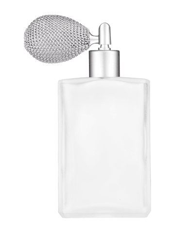 Elegant design 100 ml, 3 1/2oz frosted glass bottle with matte silver vintage style sprayer with matte silver collar cap.