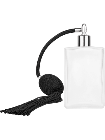 Elegant design 100 ml, 3 1/2oz frosted glass bottle with Black vintage style bulb sprayer with tassel with shiny silver collar cap.