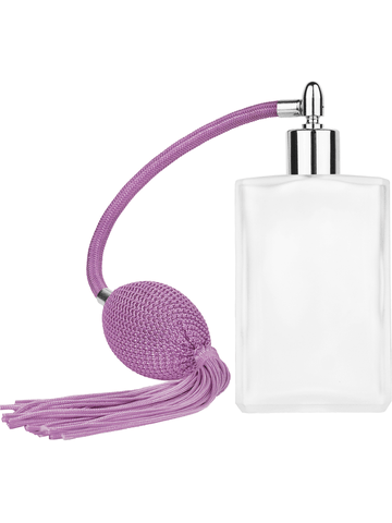 Elegant design 100 ml, 3 1/2oz frosted glass bottle with Lavender vintage style bulb sprayer with tassel with shiny silver collar cap.