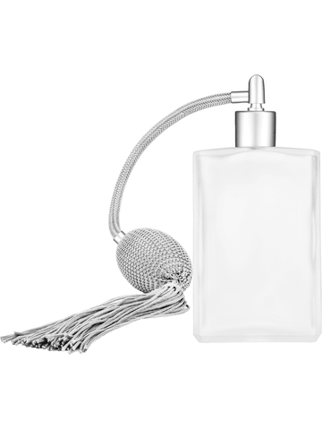 Elegant design 100 ml, 3 1/2oz frosted glass bottle with Silver vintage style bulb sprayer with tassel with matte silver collar cap.