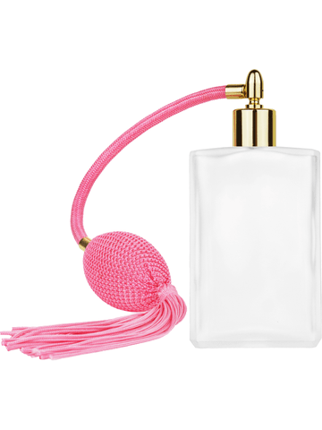 Elegant design 100 ml, 3 1/2oz frosted glass bottle with Pink vintage style bulb sprayer with tassel with shiny gold collar cap.