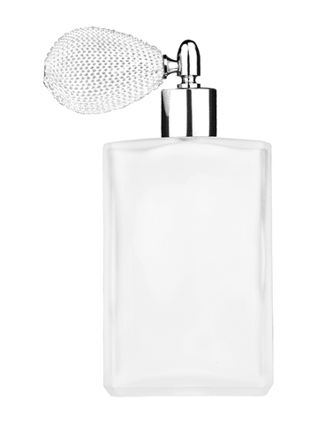 Elegant design 100 ml, 3 1/2oz frosted glass bottle with white vintage style bulb sprayer with shiny silver collar cap.