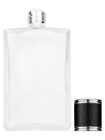 Elegant design 100 ml, 3 1/2oz frosted glass bottle with reducer and black faux leather cap.