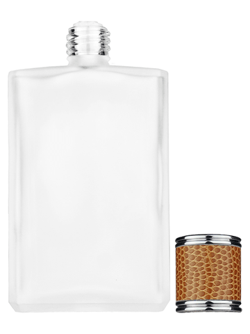 Elegant design 100 ml, 3 1/2oz frosted glass bottle with reducer and brown faux leather cap.