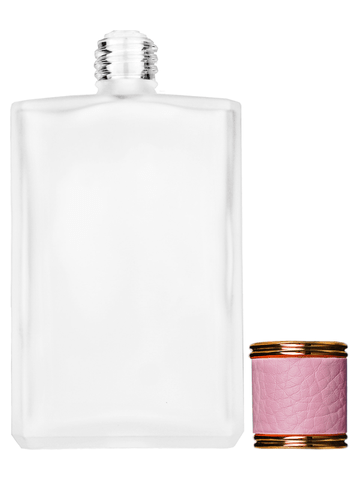 Elegant design 100 ml, 3 1/2oz frosted glass bottle with reducer and pink faux leather cap.