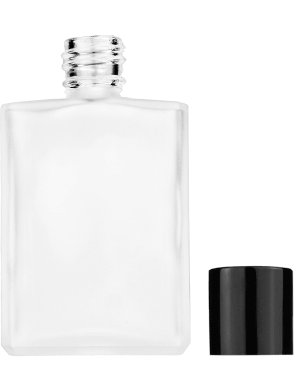 Empty frosted glass bottle with short shiny black cap capacity: 15ml, 1/2oz. For use with perfume or fragrance oil, essential oils, aromatic oils and aromatherapy.