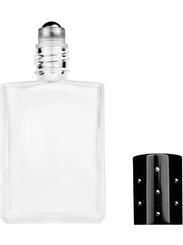 Elegant design 15ml, 1/2oz frosted glass bottle with metal roller ball plug and black shiny cap with dots.