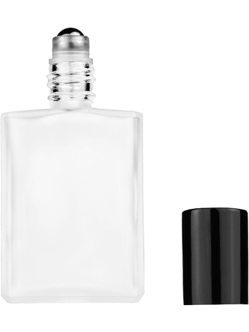 Elegant design 15ml, 1/2oz frosted glass bottle with metal roller ball plug and black shiny cap.