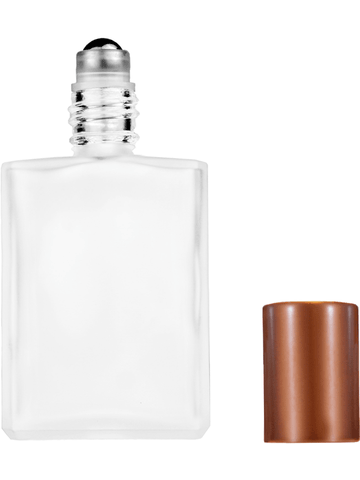 Elegant design 15ml, 1/2oz frosted glass bottle with metal roller ball plug and matte copper cap.