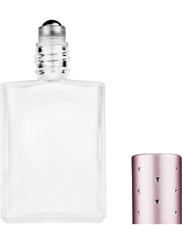 Elegant design 15ml, 1/2oz frosted glass bottle with metal roller ball plug and pink cap with dots.