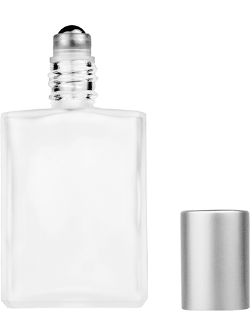 Elegant design 15ml, 1/2oz frosted glass bottle with metal roller ball plug and matte silver cap.