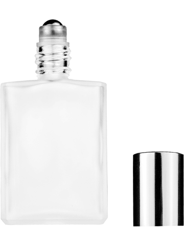 Elegant design 15ml, 1/2oz frosted glass bottle with metal roller ball plug and shiny silver cap.