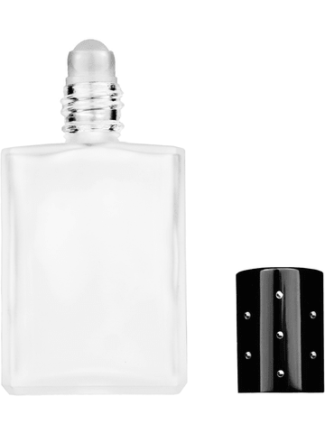 Elegant design 15ml, 1/2oz frosted glass bottle with plastic roller ball plug and black shiny cap with dots.