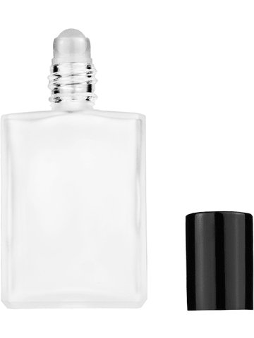 Elegant design 15ml, 1/2oz frosted glass bottle with plastic roller ball plug and black shiny cap.