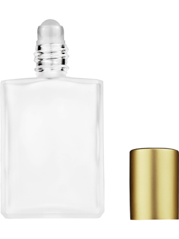 Elegant design 15ml, 1/2oz frosted glass bottle with plastic roller ball plug and matte gold cap.