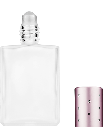 Elegant design 15ml, 1/2oz frosted glass bottle with plastic roller ball plug and pink cap with dots.