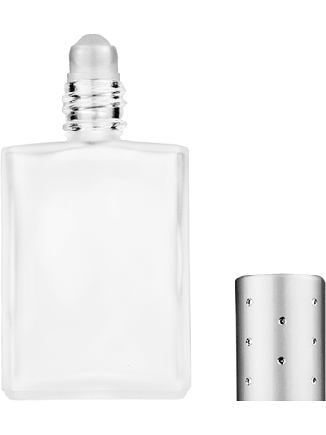 Elegant design 15ml, 1/2oz frosted glass bottle with plastic roller ball plug and silver cap with dots.