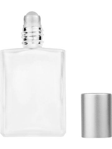 Elegant design 15ml, 1/2oz frosted glass bottle with plastic roller ball plug and matte silver cap.