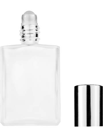 Elegant design 15ml, 1/2oz frosted glass bottle with plastic roller ball plug and shiny silver cap.