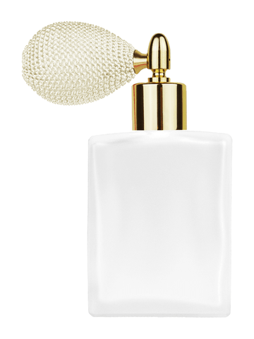 Elegant design 60 ml, 2oz frosted glass bottle with ivory vintage style bulb sprayer with shiny gold collar cap.