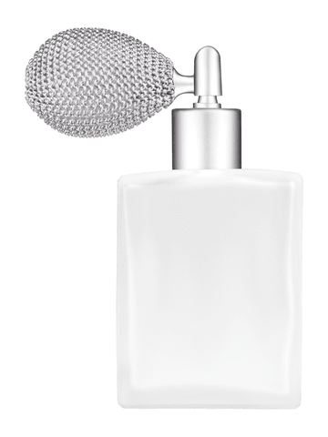 Elegant design 60 ml, 2oz frosted glass bottle with matte silver vintage style sprayer with matte silver collar cap.