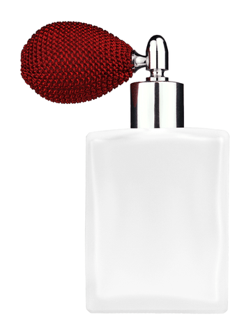 Elegant design 60 ml, 2oz frosted glass bottle with red vintage style bulb sprayer with shiny silver collar cap.