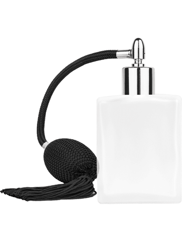 Elegant design 60 ml, 2oz frosted glass bottle with Black vintage style bulb sprayer with tassel with shiny silver collar cap.