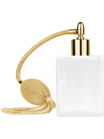 Elegant design 60 ml, 2oz frosted glass bottle with Gold vintage style bulb sprayer with tassel with shiny gold collar cap.