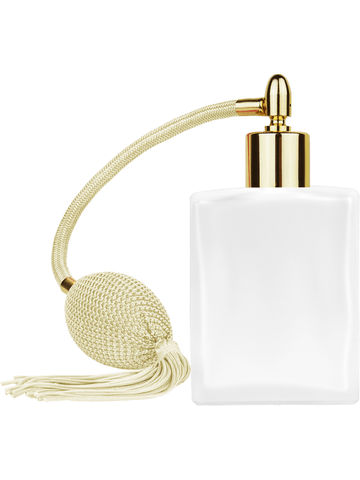 Elegant design 60 ml, 2oz frosted glass bottle with Ivory vintage style bulb sprayer with tassel with shiny gold collar cap.