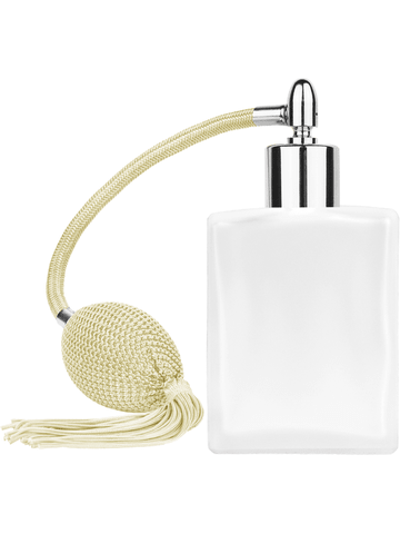 Elegant design 60 ml, 2oz frosted glass bottle with Ivory vintage style bulb sprayer with tassel with shiny silver collar cap.