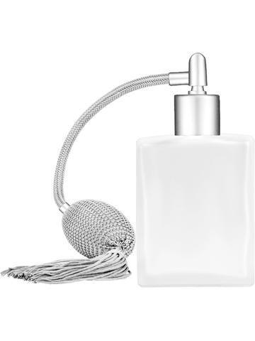 Elegant design 60 ml, 2oz frosted glass bottle with Silver vintage style bulb sprayer with tassel with matte silver collar cap.