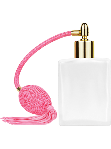 Elegant design 60 ml, 2oz frosted glass bottle with Pink vintage style bulb sprayer with tassel with shiny gold collar cap.