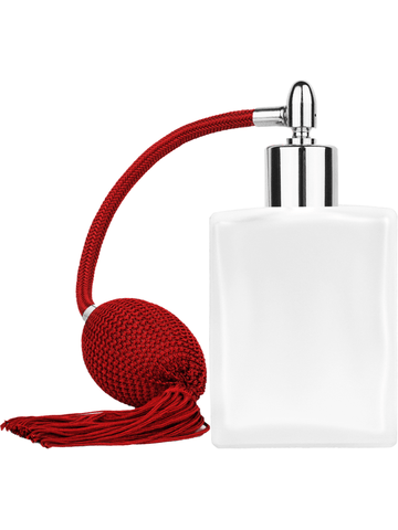 Elegant design 60 ml, 2oz frosted glass bottle with Red vintage style bulb sprayer with tassel with shiny silver collar cap.