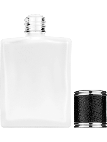 Elegant design 60 ml, 2oz frosted glass bottle with reducer and black faux leather cap.