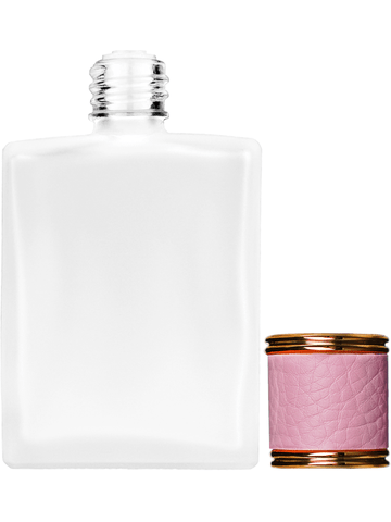 Elegant design 60 ml, 2oz frosted glass bottle with reducer and pink faux leather cap.