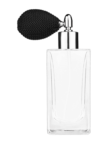 Empire design 100 ml, 3 1/2oz  clear glass bottle  with black vintage style bulb sprayer with shiny silver collar cap.