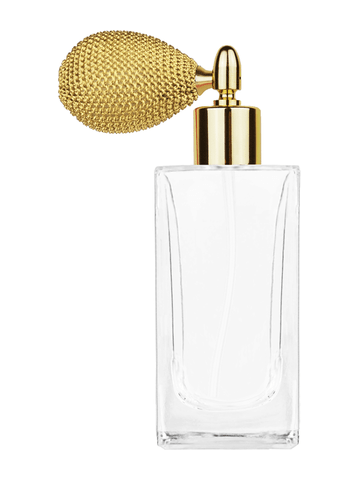 Empire design 100 ml, 3 1/2oz  clear glass bottle  with gold vintage style sprayer with shiny gold collar cap.