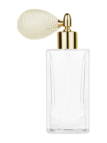 Empire design 100 ml, 3 1/2oz  clear glass bottle  with ivory vintage style bulb sprayer with shiny gold collar cap.