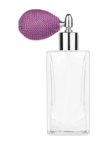 Empire design 100 ml, 3 1/2oz  clear glass bottle  with lavender vintage style bulb sprayer with shiny silver collar cap.